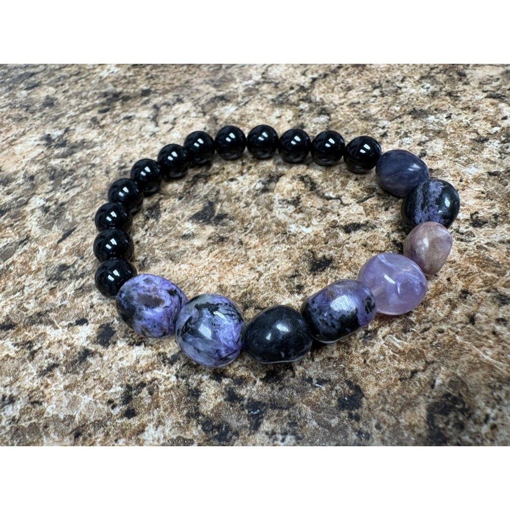 Mixed Gemstone Stretch Bracelet Charoite Amethyst Rose Quartz Black Onyx Healing